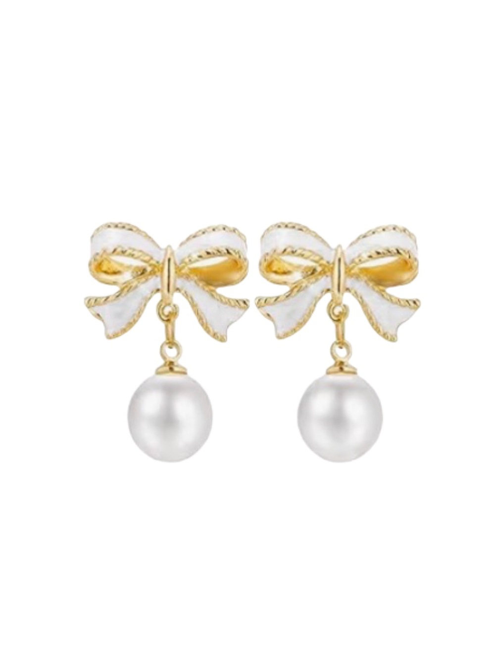 Gold Bow Pearl Drop Earrings - White Pearl